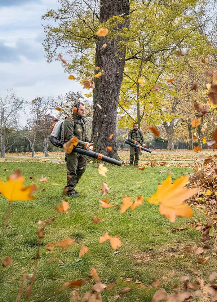 Two men with leaf blowers